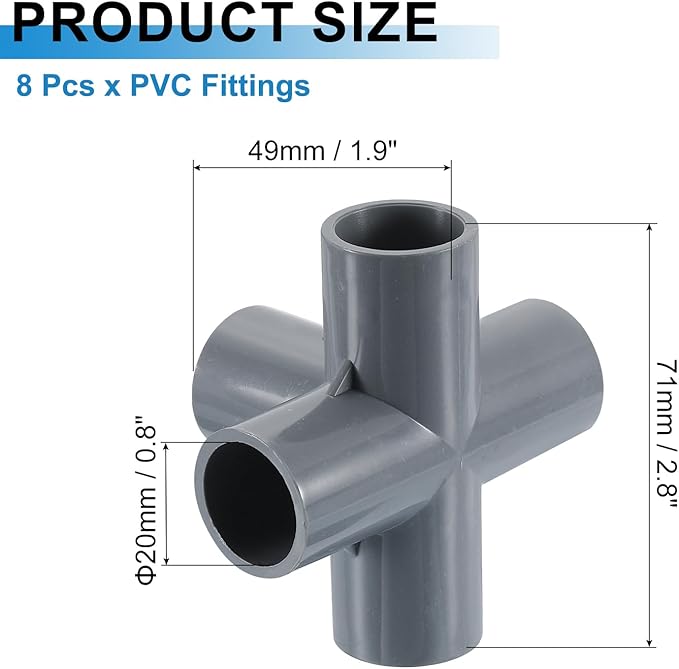 uxcell 1/2" PVC Fittings, 8 Pcs 5 Way Elbow Connector Elbow PVC Furniture Fittings Corner Fitting for Water Supplies PVC Furniture DIY Shelf Greenhouse Tent Connection, Grey