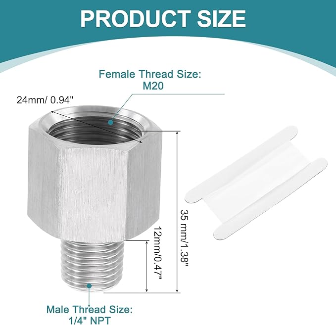 uxcell Pipe Fitting Reducing Adapter, 1/4" NPT Male x M20 Female 304 Stainless Steel Reducer Connector for Water Oil Air Pressure Gauge, Silver