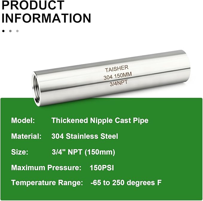 TAISHER 2PCS Stainless Steel Pipe Fittings, 3/4" NPT Female x 3/4" NPT Female Threaded, 6" Length Thickened Nipple Cast Pipe