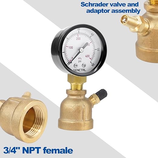 SENCTRL 0-60 Psi Gas Pressure Test Gauge, 2" Dial Size, 3/4" FNPT Connection, Brass Valve, Forged Brass Bell Shape Body Assembly