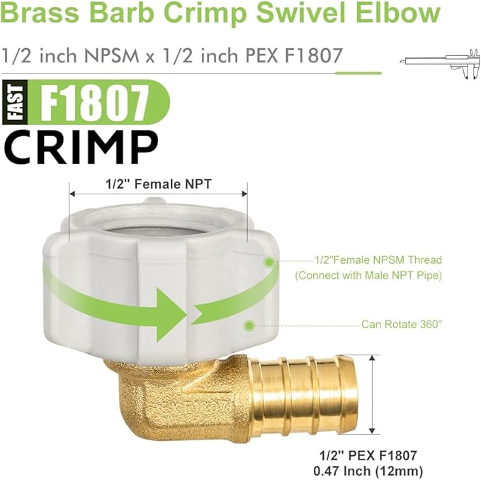 10 Pack Female NPT Swivel Elbow, PEX 1/2" x 1/2" NPSM Female Threaded Brass Barb Crimp Fittings, Full Port for PEX-B pipes, NSF/ANSI 61 NSF 372 Certificate, ASTM F1807 Certified