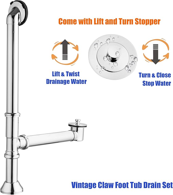 Artiwell Vintage Claw Foot Tub Drain Kit with Lift and Turn Bath Drain Stopper, 1-1/2" Brass Tubular Leg Tub Bathtub Waste and Overflow Drain Assembly with Drain Plug and Bathtub Overflow Cover