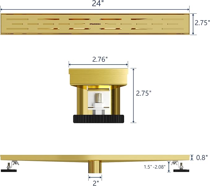 Neodrain 24-in Brushed Brass Rectangular Linear Shower Drain with Brick Pattern Grate, 304 Stainless Steel Bathroom Floor Drain, Gold Linear Drain with Hair Strainer,CUPC Certified