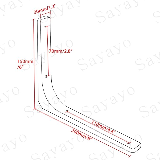 SAYAYO Metal Shelf Brackets, 8 x 6 Inch Heavy Duty L Angle Brackets Shelf Hardware Decorative Wall Hanging Supports for Floating Storage Shelf, 4 PCS Bright White