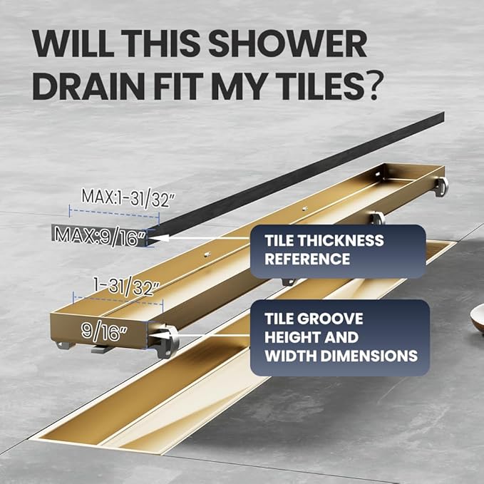 Linear Shower Drain 12 Inch Gold, Shower Drain with 2-in-1 Tile Insert Panel, Brushed AISI 304 Stainless Steel Linear Drain for Fast Drainage, Floor Drain for Bathroom, Kitchen, Garage & More