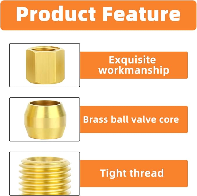 GASHER 5PCS Brass Compression Tube Pipe Fitting Connector, Tee，1/4" x 1/4" x 1/4" Tube OD Connector