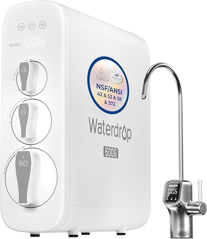 Waterdrop G3P600 Reverse Osmosis System, 8 Stage Tankless Reverse Osmosis Water Filter, NSF/ANSI 42 & 53 & 58 & 372 Certified, Under Sink RO System, 2:1 Pure to Drain, Smart LED Faucet