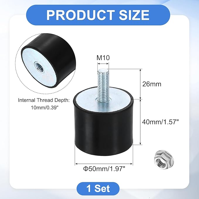 uxcell M10 Rubber Mounts, 1Pcs 50x40mm(DxH) Rubber Cylindrical Anti Vibration Isolator Shock Absorber with Lock Nut for Car Bobbin Generator Air Compressors