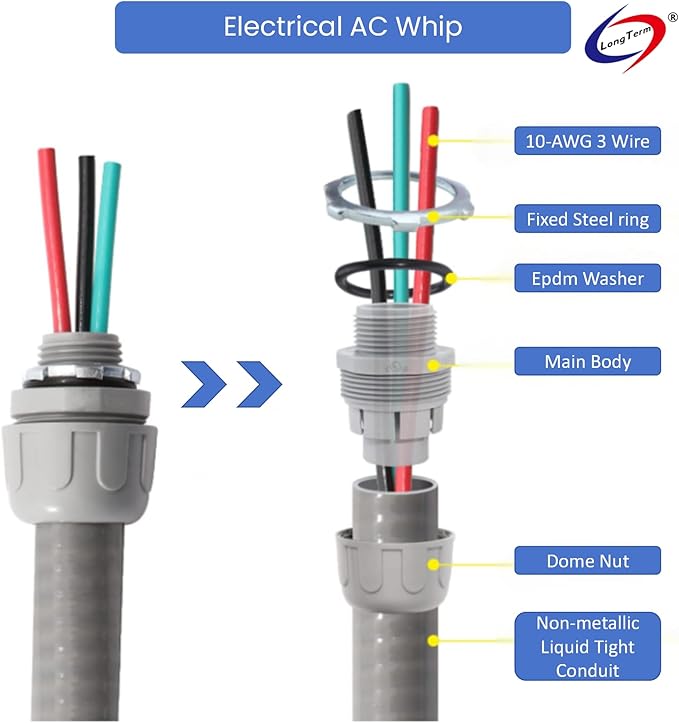 Electrical AC Whip Assembly -1/2" x 6ft Non-Metallic Liquid Tight Electrical Conduit and 10 Gauge Wire A/C Hook-up Whip Kit
