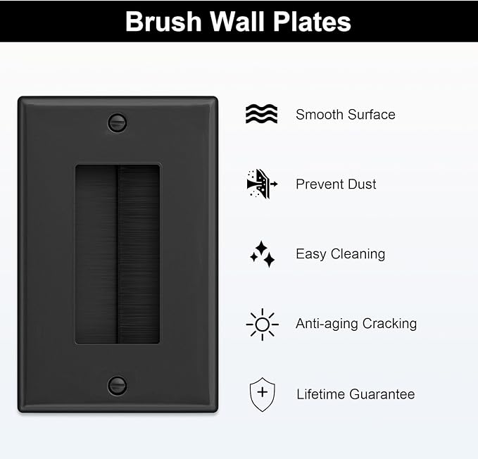 FGB 10 Pack Brush Wall Plate with Low Voltage Mounting Bracket, Cable Pass Through Insert for Wires, Single Gang Cable Access Strap, Wall Socket for HDTV, Home Theater Systems - Black