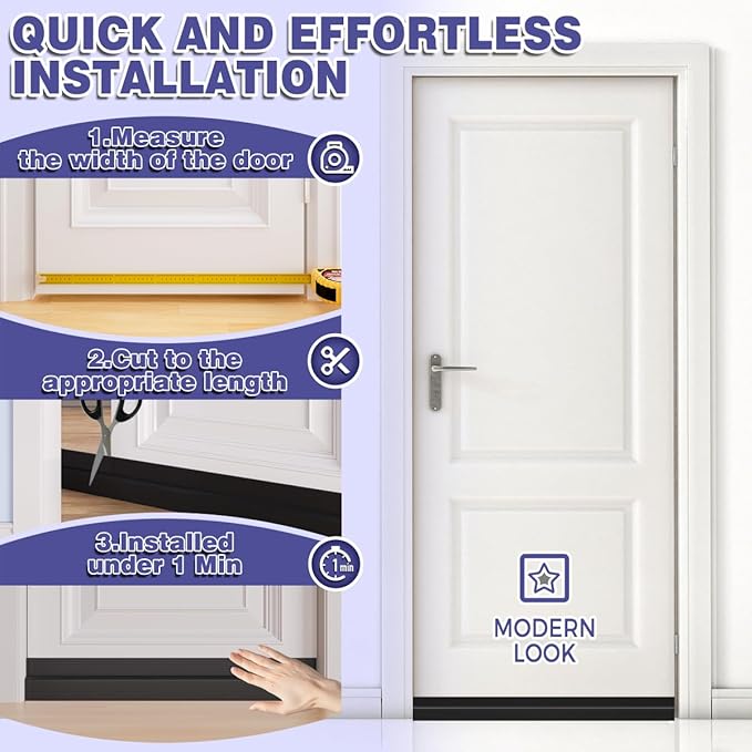 Door Draft Stopper,Adjustable Door Sweep for Bottom of Door,Silicone Weather Stripping Door Bottom Seal Blocker Air Noise,Under Door Gap Filler for Interior/Exterior Doors(Black, 78inch)
