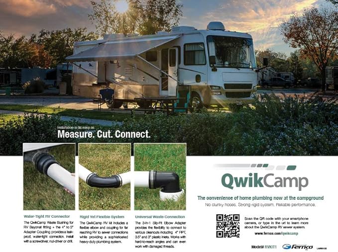 Fernco QwikCamp RV and Camper Sewer Waste Plumbing Connection System Kit with Slip Fit Coupling Adapter in Black