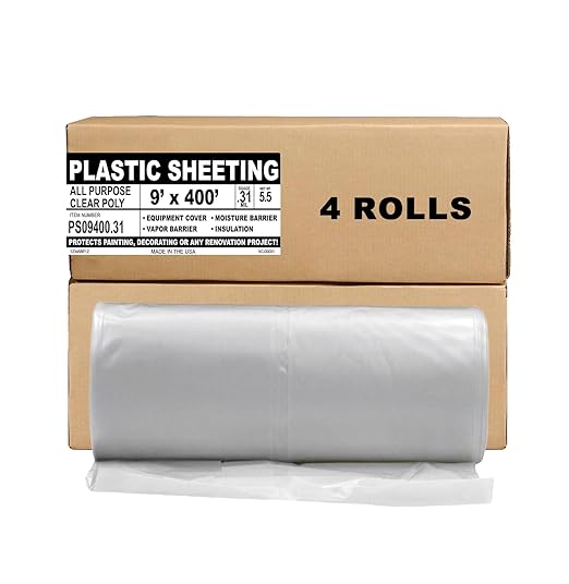 Aluf Plastics 7.8 Micron Clear All Purpose Vapor and Moisture Barrier Sheet Tarp/Drop Cloth - 4 Rolls of 9' x 400' - for Painting, Furniture, Carpet, Contractor, & Construction
