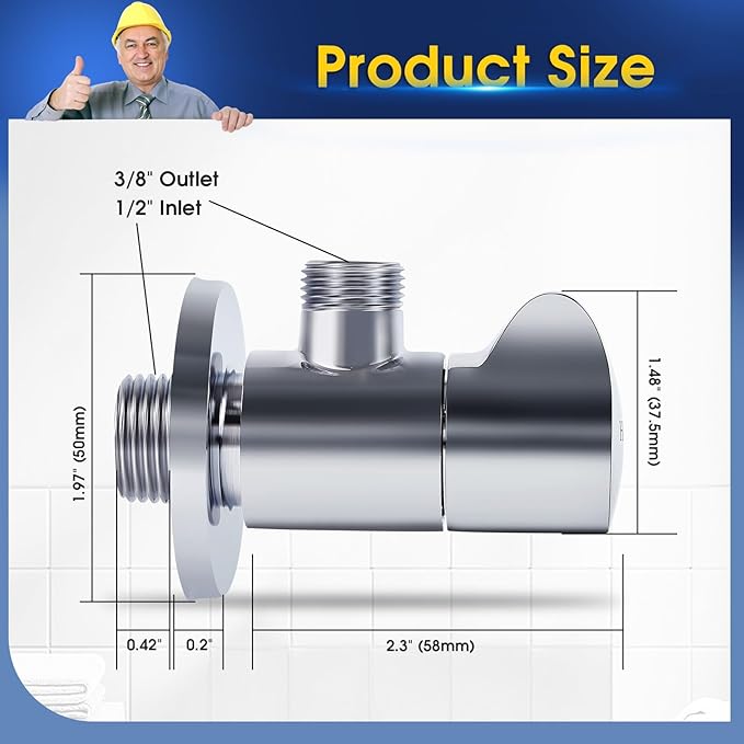 Angle Valve 2 Pack Shut Off Angle Stop Valve 1/2'' x 3/8'' 1/4 Turn Water Control for Faucet & Toilet American Thread Polished Chrome (silver)