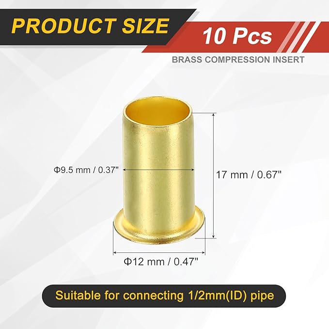uxcell 10Pcs Fit for 9.5mm(3/8") Tube ID Brass Compression Fitting, Insert Tube Support Compression Sleeve Fitting, Sleeve Ferrules for Water Oil Air Pipe