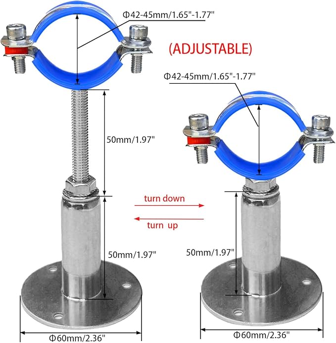 Wall Mount Ceiling Mount Pipe Supports,Adjustable Pipe Clamps 、Hangers、Stainless Steel 304,2PCS Suitable for Pipe OD 42-45mm Adjustable Height 50-100mm