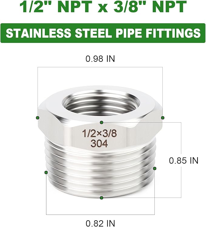 TAISHER 10PCS 304 Stainless Steel New Reducer Hex Bushing, 1/2" NPT Male x 3/8" NPT Female, Reducing Pipe Adapter Fitting