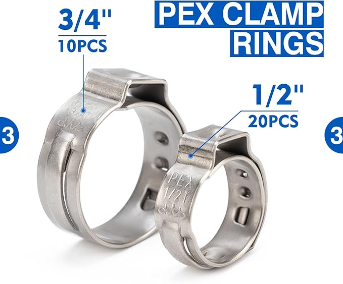 iCrimp Ratchet PEX Cinch Tool with Removing Function for 3/8-in, 1/2-in, 3/4-in, 1-in Stainless Steel Clamp, PEX Crimper with 20PCS 1/2-in, 10PCS 3/4-in PEX Clamps and Pipe Cutter- All in One