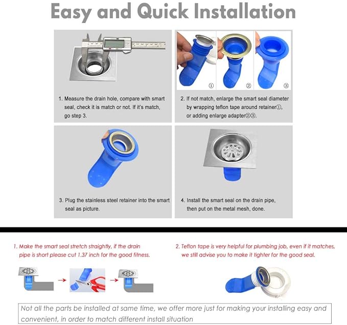 Shower Floor Drain Backflow Preventer, Waterless Trap Seal, One Way Drain Valve Sewer Core (1.28-1.58 inch, Blue)