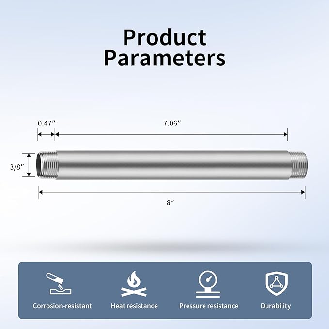 3/8"x8" 304 Stainless Steel Pipe, 3/8" NPT x 3/8" NPT Male Threaded Nipple, SCH40 Heavy Duty Pre-Cut Steel Pipe for Plumbing Gas, Hydraulic, and Industrial Applications(8", 2 Piece)