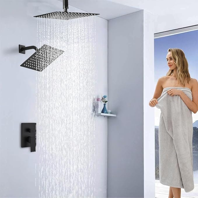 Shower Faucet Set Matte Black Shower System, Ceiling Mount 10 Inch Shower Head with 6 Inch Wall Mount Shower Head, Knob Switch Diverter Shower Faucet, Rough-in Valve Body and Trim Included