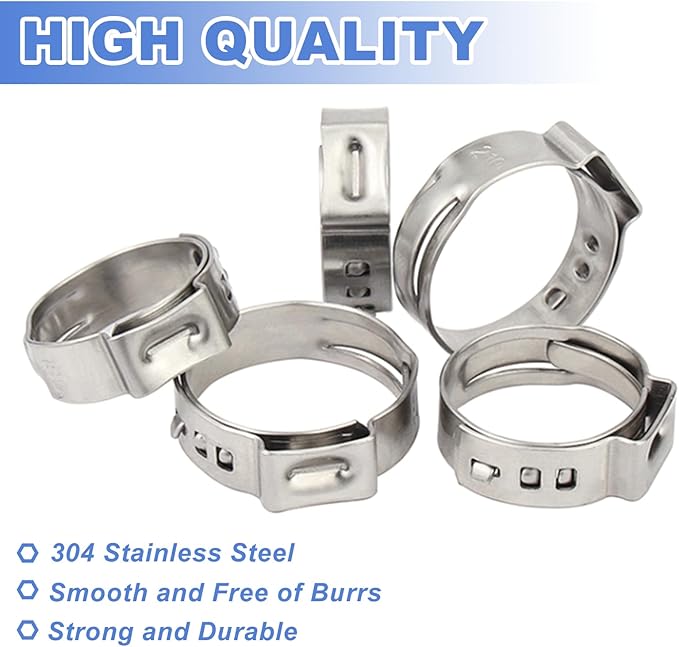 55Pcs 12.8-15.3mm 304 Stainless Steel Single Ear Hose Clamps Ear Stepless Hose Clamp Pinch Clamps Perfect for Automotive, Home Appliance Line and Plumbing