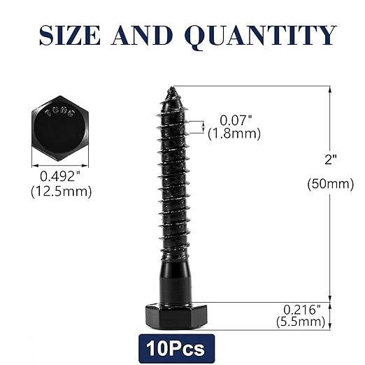 5/16" x 2" Hex Head Lag Screws Bolts 10Pcs 304 Stainless Steel 18-8, Partial Thread, Hexagon Head Wood Screws by Black Oxide by SG TZH