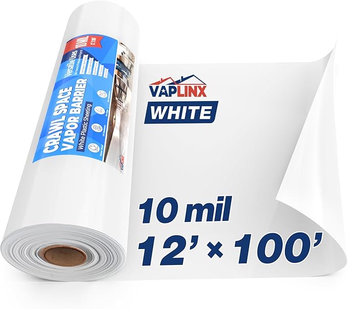 White Crawl Space Vapor Barrier, 10 Mil Vapor Barrier, 12' x 100', Heavy Duty Polyethylene Film, Thick Plastic Sheeting, Plastic Drop Cloth Covering for Crawlspace, Basement, White