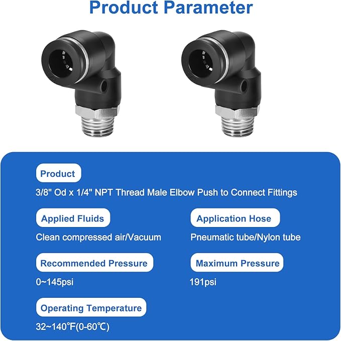 10 Pcs Push-to-Connect Fittings 3/8 Inch Tube OD x 1/4 Inch NPT Thread Pneumatic Male Elbow Quick Connect Air line fittings…