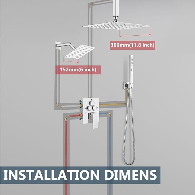 Aolemi Shower Faucet Set Ceiling Mount Shower System Rough-in Valve and Shower Trim Kit 12 and 6 Inch Dual Shower Head 2 in 1 Handheld Spray Push Button Diverter Polish Chrome