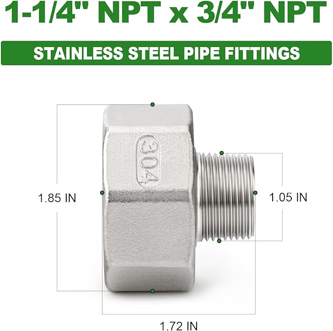 TAISHER 2PCS 304 Stainless Steel Pipe Fitting, Reducer Adapter, 3/4" NPT Male x 1-1/4" NPT Female