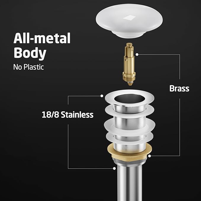KES Bathroom Sink Drain Without Overflow, Pop Up Drain for Bathroom Sink, Bathroom Sink Stopper (White Ceramic Cap and All-Metal Body), S2008D-CW