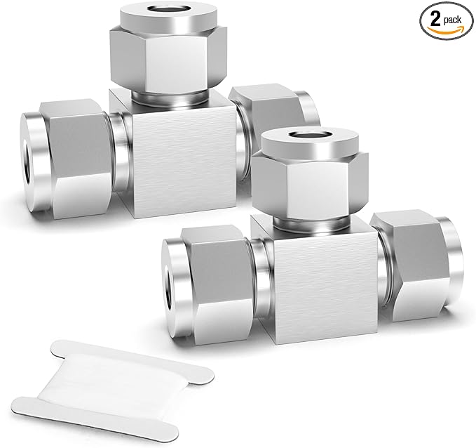 TAISHER 2PCS 304 Stainless Steel Compression Tube Pipe Fitting Connector, 1/4" Tube OD x 1/4" Tube OD x 1/4" Tube OD Tee Adapter