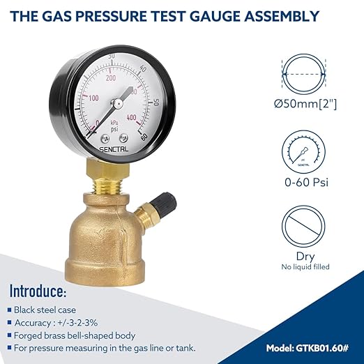 SENCTRL 0-60 Psi Gas Pressure Test Gauge, 2" Dial Size, 3/4" FNPT Connection, Brass Valve, Forged Brass Bell Shape Body Assembly