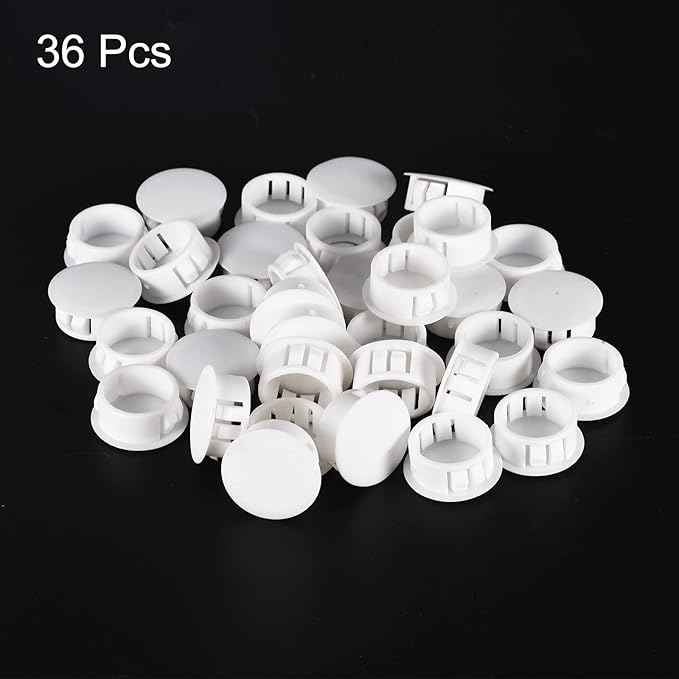 uxcell 55/64" Plastic Hole Plugs, 36Pcs Flush Type Panel Round Snap in Fastener Knockout Locking Plugs for Furniture Insert End Caps Panels, White