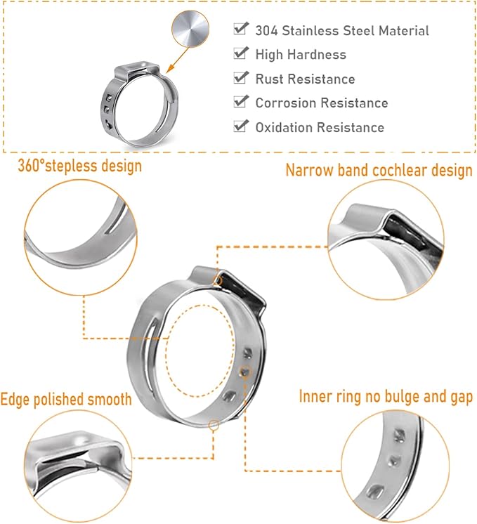 AKIHISA 180 PCS Single Ear Hose Clamps, 12 Sizes 5.3-33.1mm Crimp Hose Clamps with Ear Clamps Pincer, 304 Stainless Steel Crimp Pinch Fitting Tools Kit