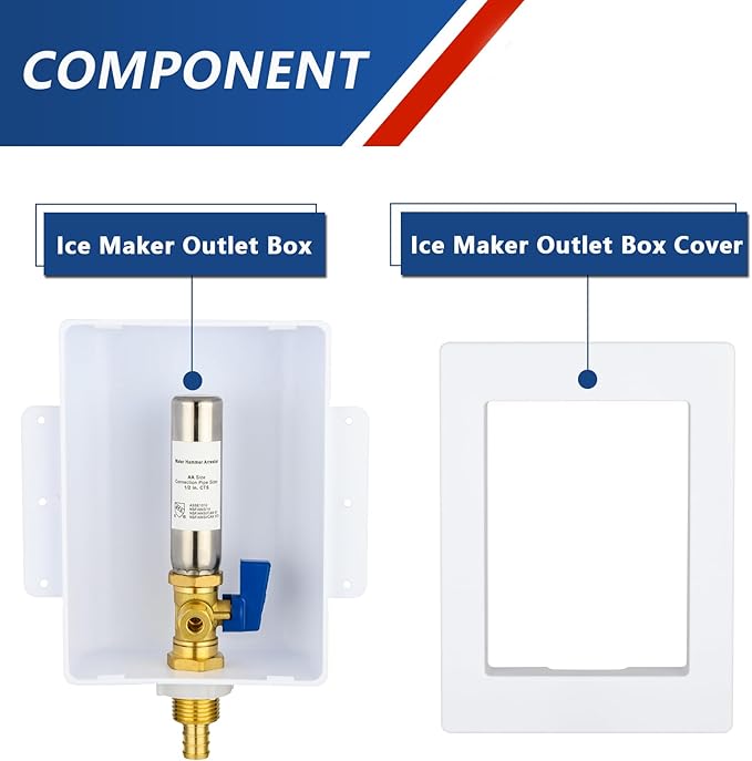Ice Maker Outlet Box with Stainless Steel Water Hammer Arrestor,1/2 Inch Crimp PEX F1807 Inlet and 1/4 Inch OD Compression Outlet Connection, Icemaker Box with Installed 1/4-Turn Ball Valve