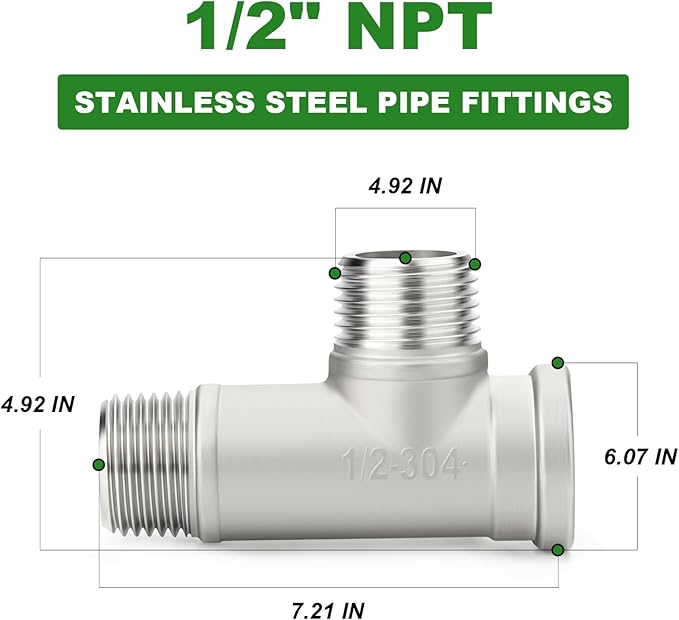 TAISHER 2PCS 304 Stainless Steel Tee Pipe Fittings, 1/2" NPT Female x 1/2" NPT Male x 1/2" NPT Male Extension Pipe Fittings, Female Run Tee