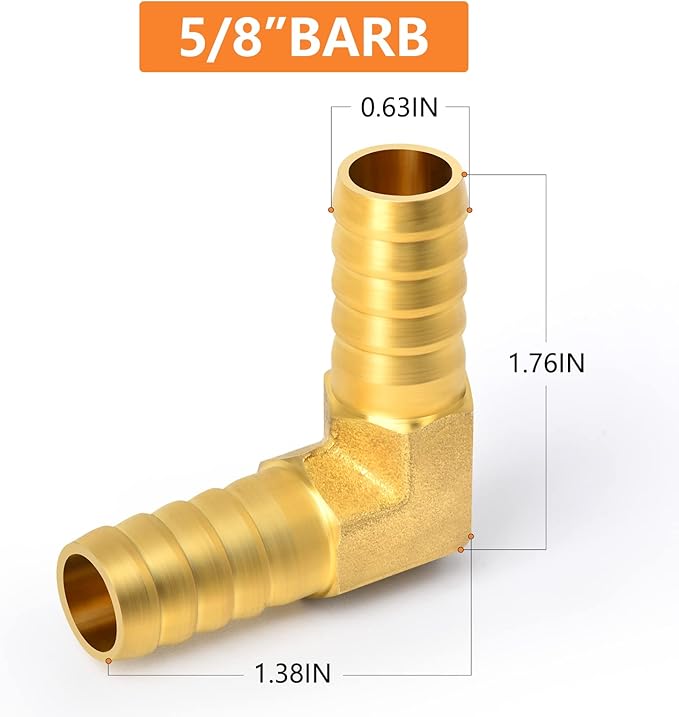 GASHER 2 Pieces Brass Hose Barb Reducer, 5/8 Inch to 5/8 Inch Barb Hose ID 90 Degree L Right Angle Elbow with 4 Hose Clamps, Brass Barb Reducer SPLICER Fitting Fuel/AIR/Water/Oil/Gas/WOG