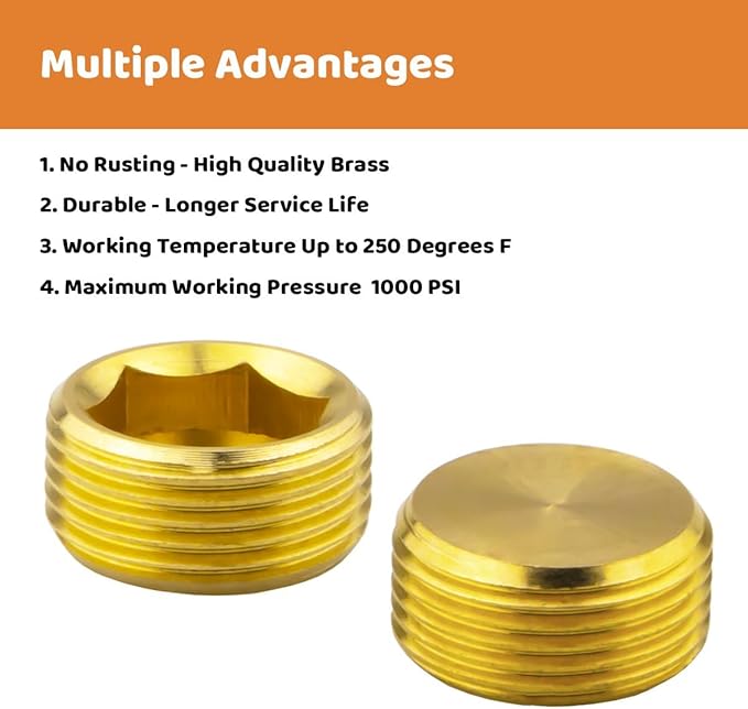 (2-Piece) Besosay 3/4" NPT Brass Pipe Plug Fitting, Counter Sunk Thread Internal Hex Head Style Male for Closing the End of Pipe