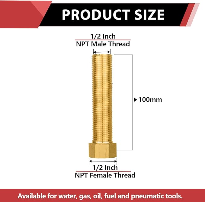 (Pack of 2) EFIELD 1/2" Male Pipe(NPSM) x 1/2" Female Pipe(NPSF) Extension Brass Fitting Adapter, 100MM Lenght, Hex Connector with Sealing Tape,(NPT140)