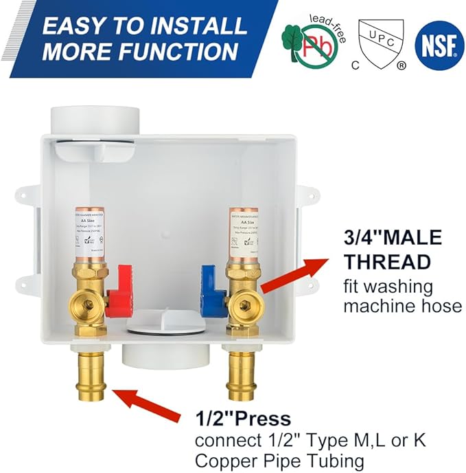 EFIELD Washing Machine Outlet Box, 1/2-inch Copper Press Inlet with Center Drain with Copper Water Hammer Arrestor,(WM057)