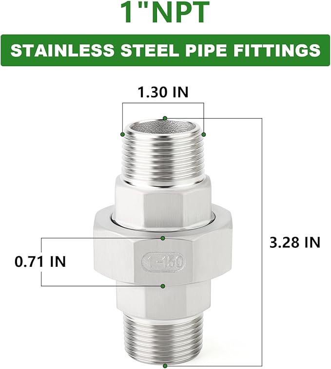 TAISHER 1PCS 304 Stainless Steel Union，1" NPT Male x 1" NPT Male Cast Pipe Fitting