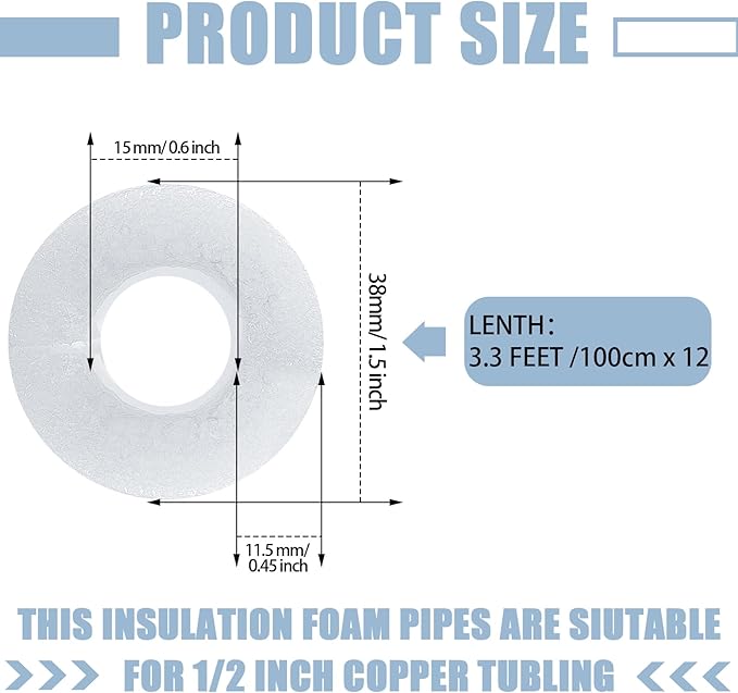 Amylove 12 Pcs 3.3 Feet Foam Pipe Insulation Foam Tube Insulating Water Pipe Pool Swim Noodles Pre Slit Heat Preservation Pipes Covers for Tubing Outdoor Winter Freeze Protection(White,1/2 Inch)