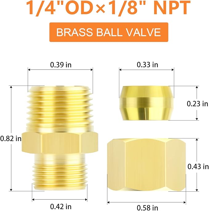 GASHER 10PCS Brass Compression Tube Pipe Fitting Connector, 1/4" Tube OD x 1/8" NPT Male Connector
