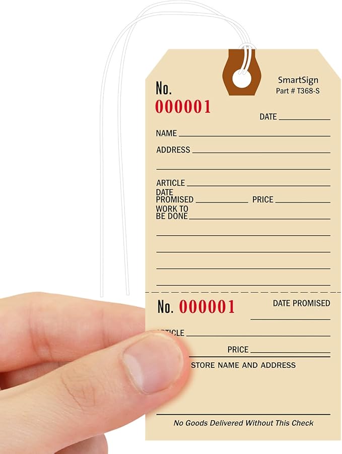 SmartSign (Pack of 100) 5.25 x 2.625 inch Numbered Repair Tags with Pre-Attached String and Stub (Size - 6), 10 Point Manila Cardstock