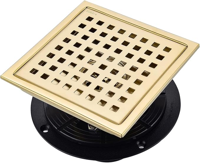 Shower Drain 6 Inch Brushed Gold,Stainless Square Shower Floor Drain Kit with Tile Insert Grate Removable Multipurpose Invisible Look or Flat Cover, with Threaded Adapter