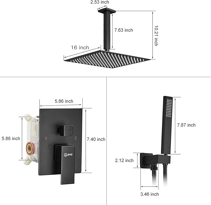 BWE Black Shower Faucet 16 Inch Square Luxury Rain Mixer Shower System Sets Complete 2-Functions Pressure Balancing Ceiling Mount Rainfall Rough-in Valve Body and Trim Included
