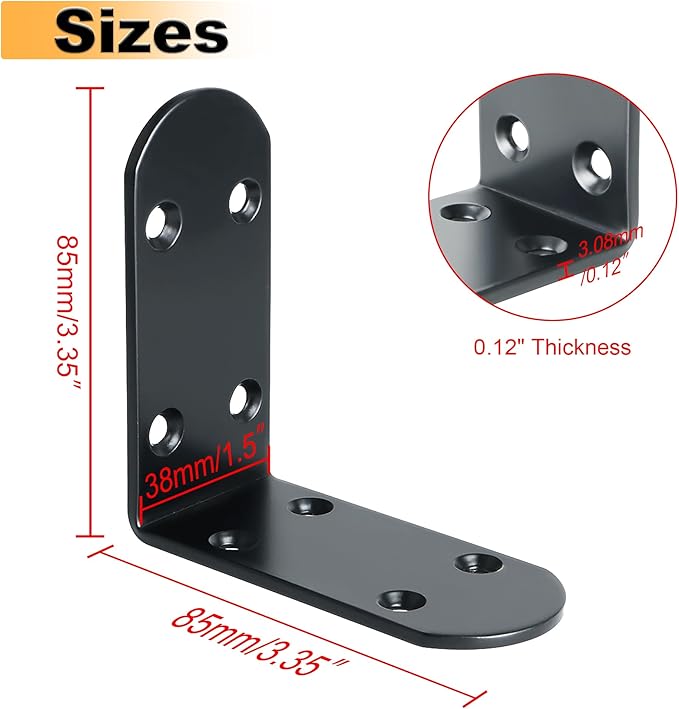 Alise 4Pcs Stainless Steel L Brackets for Shelves Black, Small Floating Shelf Brackets, 90 Degree Right Angle Bracket, Heavy Duty Metal L Bracket Corner Brackets for Wood Furniture (3.35X3.35 in)