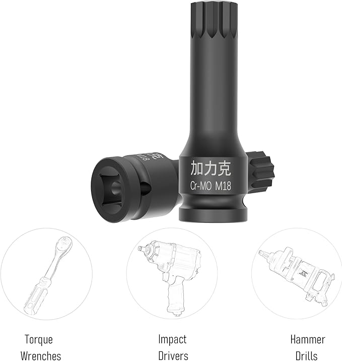 1/2-Inch Drive x M18(18mm） Impact XZN Triple Square Spline Bit Socket, Metric Lengthen Screwdriver Socket Adapter, 3-Inch Length, CR-MO Steel, One-Piece Construction, Black